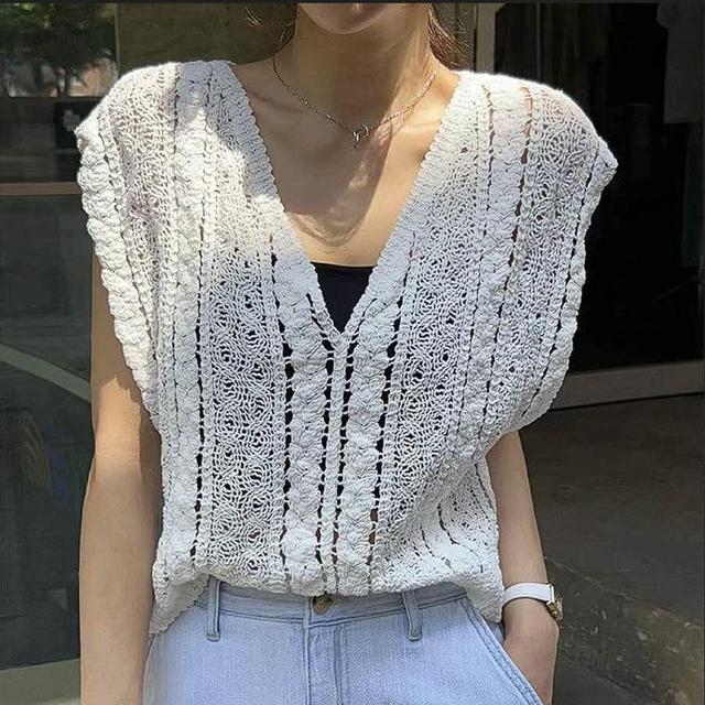 Sleeveless V-Neck Crochet Knit Top Product Image