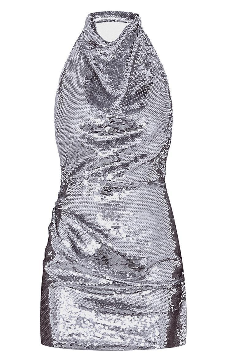 Silver Sequin High Neck Backless Bodycon Dress Product Image