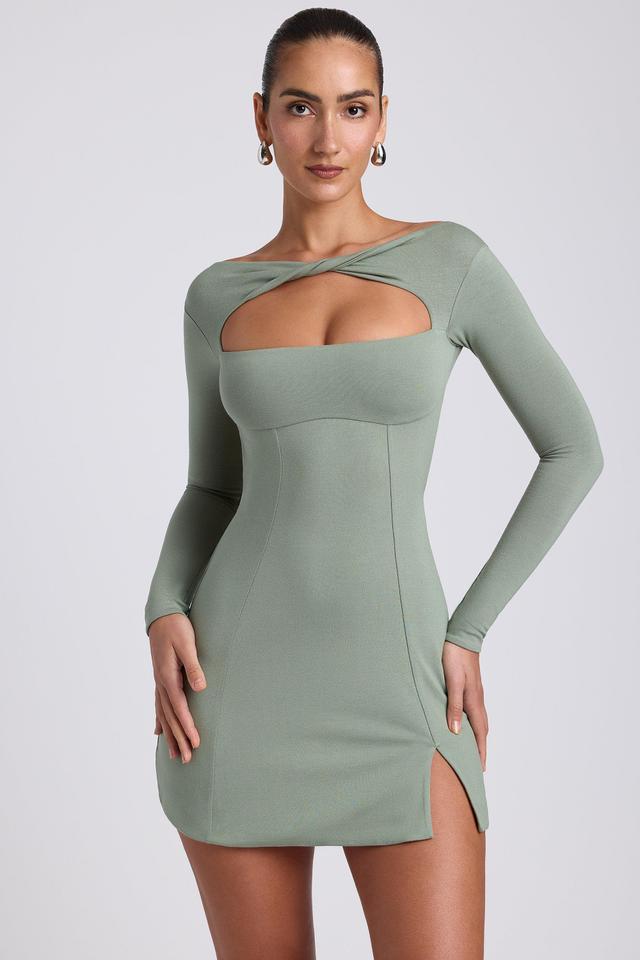 Modal Twist-Front Long-Sleeve Mini Dress in Sage Green Female Product Image