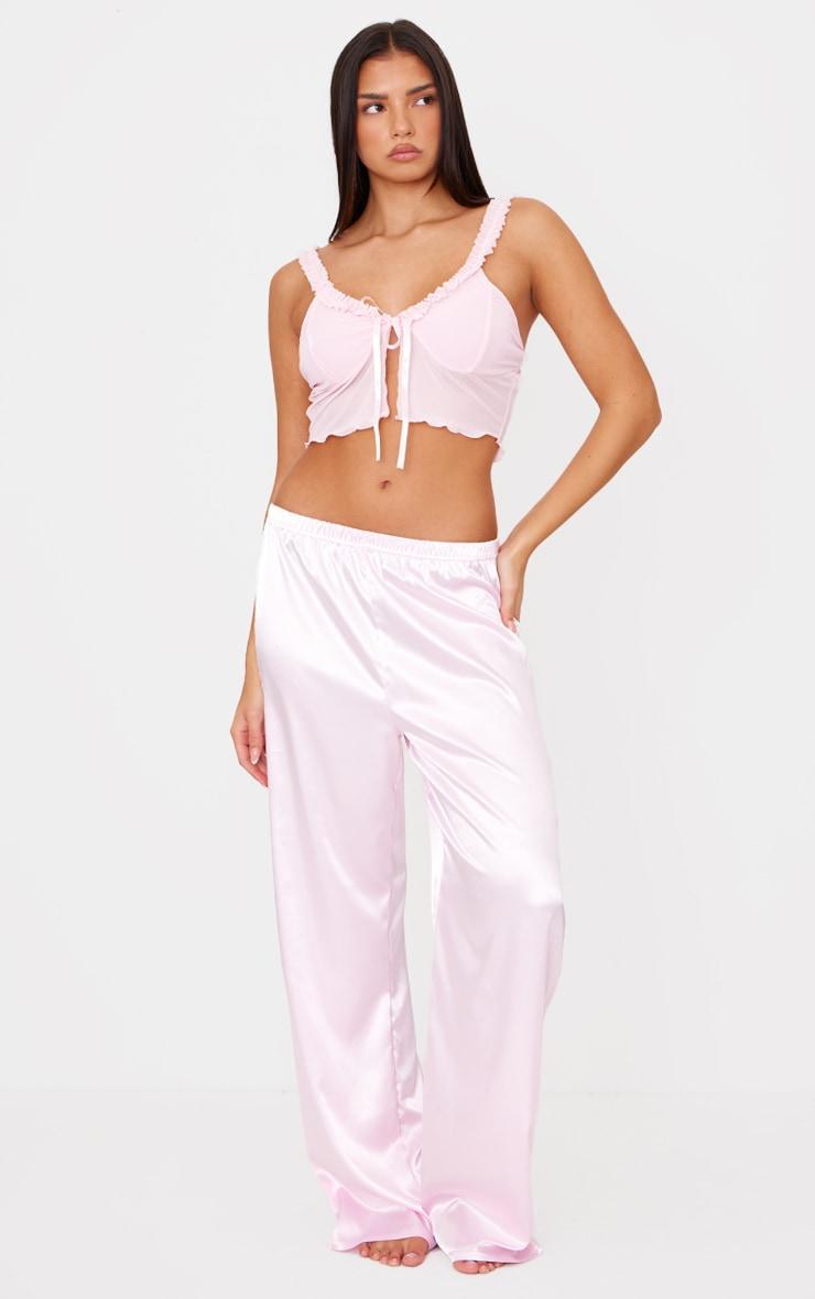 Pink Mesh Tie Front Cami Long Satin PJ Set Product Image