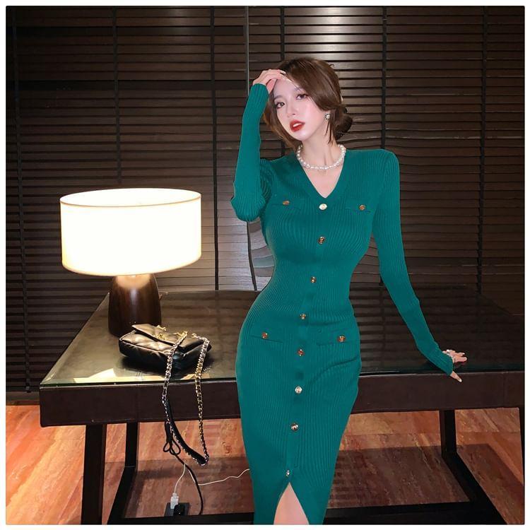 Long-Sleeve V-Neck Plain Button Ribbed Midi Sheath Knit Dress Product Image