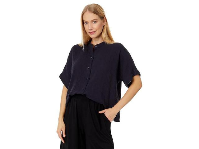 Eileen Fisher Mandarin Collar Short Sleeve Shirt (Nocturne) Women's Clothing Product Image