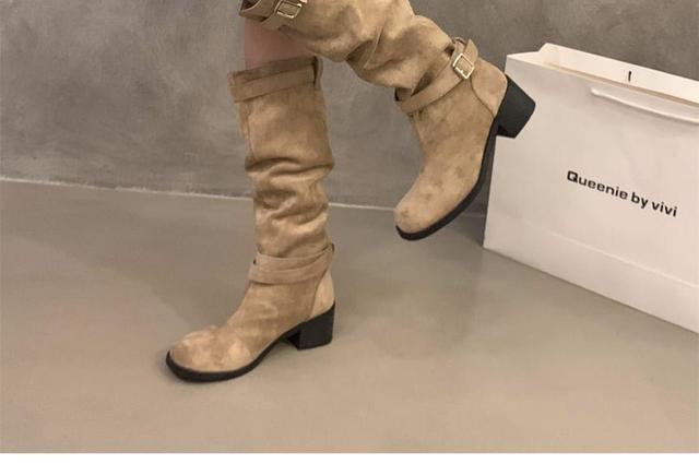 Chunky Heel Plain Buckled Tall Boots Product Image