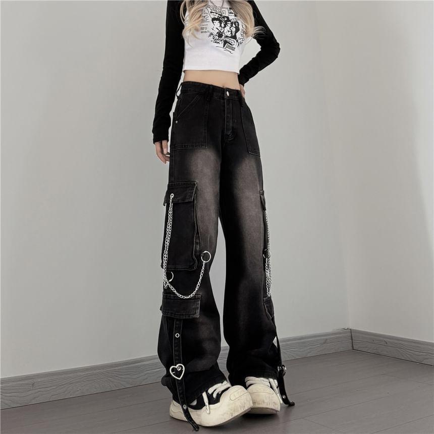 Low Rise Washed Chained Wide Leg Cargo Jeans Product Image