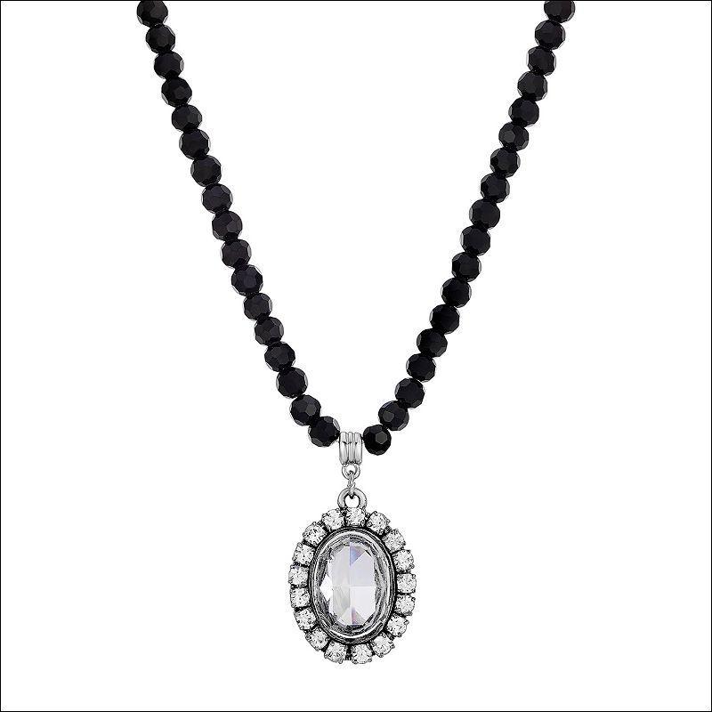 1928 Silver Tone Crystal Black Beaded Necklace, Womens Product Image