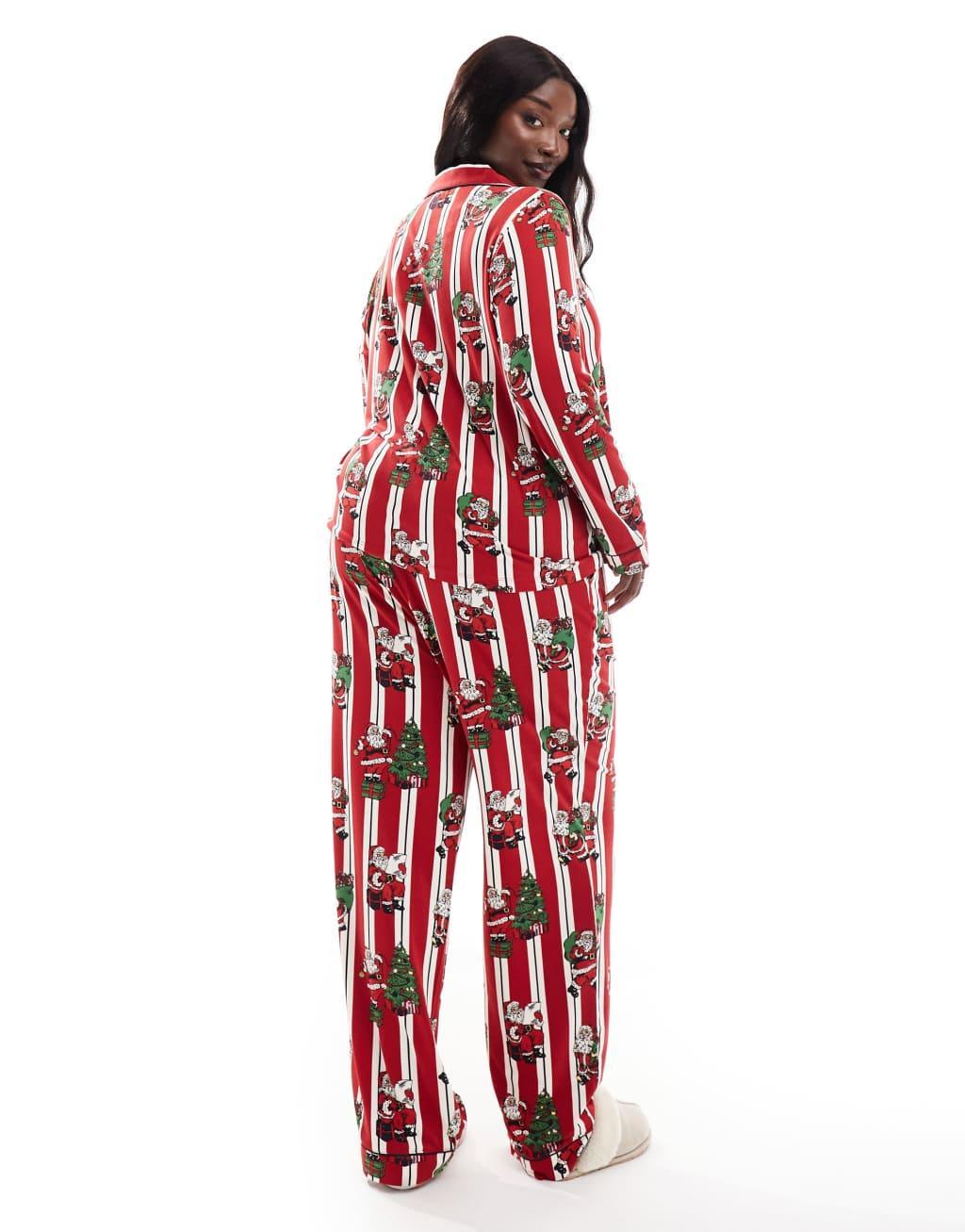 Chelsea Peers Curve poly Christmas His & Hers long sleeve revere top and pants pajama set in vintage santa stripe print Product Image