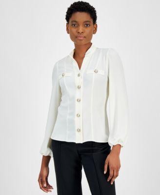 Petite High-Neck Blouson-Sleeve Blouse Product Image