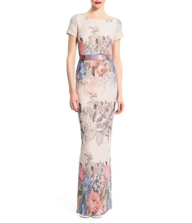 Adrianna Papell Floral Print Jacquard Boat Neck Short Sleeve Gown Product Image