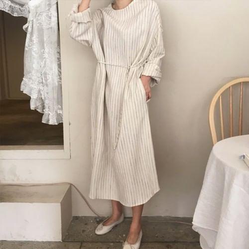 Long-Sleeve Striped Tie-Front Midi A-Line Dress Product Image