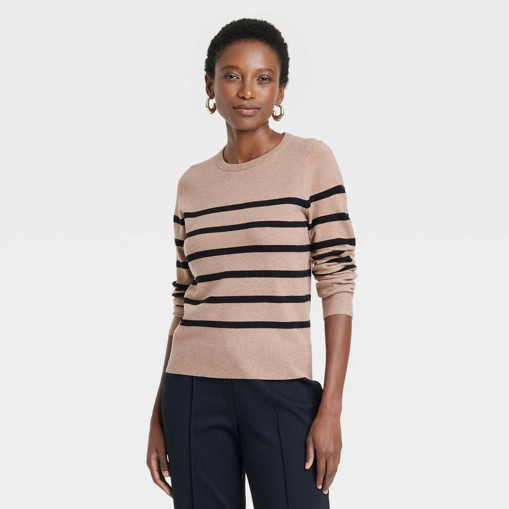 Womens Crewneck Pullover Sweater - A New Day Camel/Black Striped product image