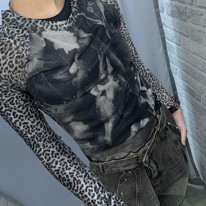 Long Sleeve Leopard Print Mesh Panel Slim-Fit Top Product Image