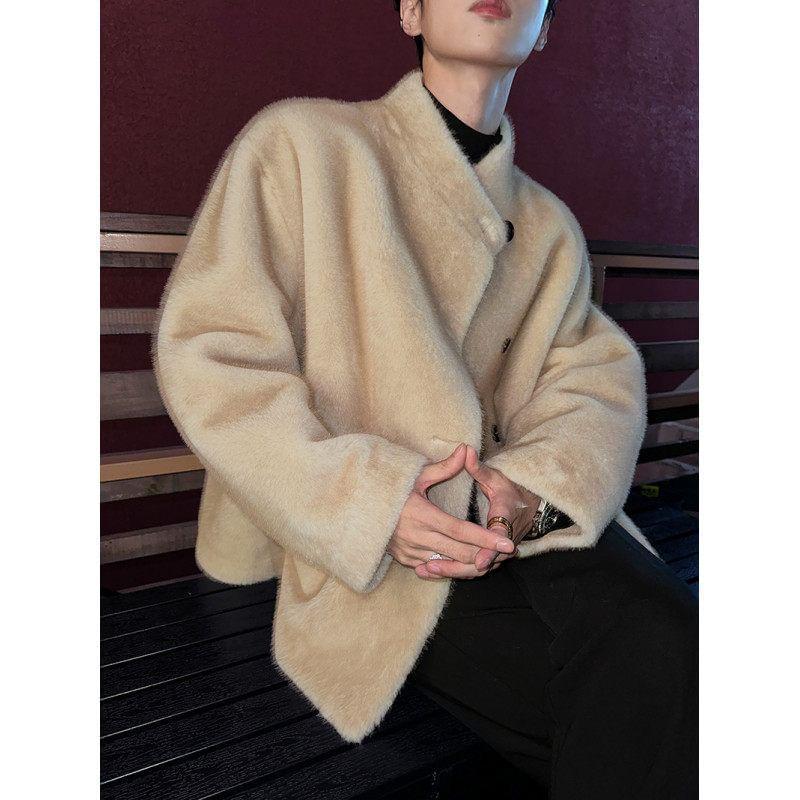 Stand Collar Plain Faux Fur Button Jacket Product Image