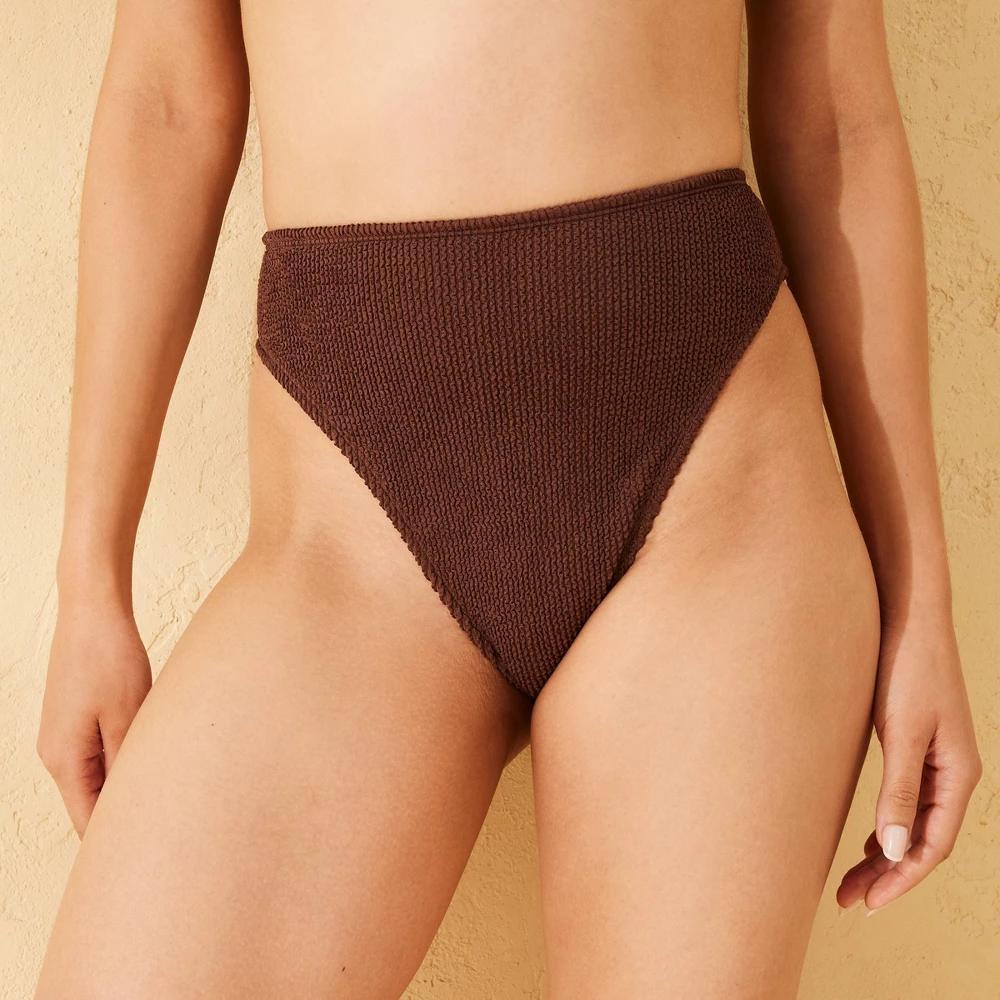 Womens Pucker Textured High Waist Extra High Leg Extra Cheeky Bikini Bottom - Wild Fable Brown L Product Image