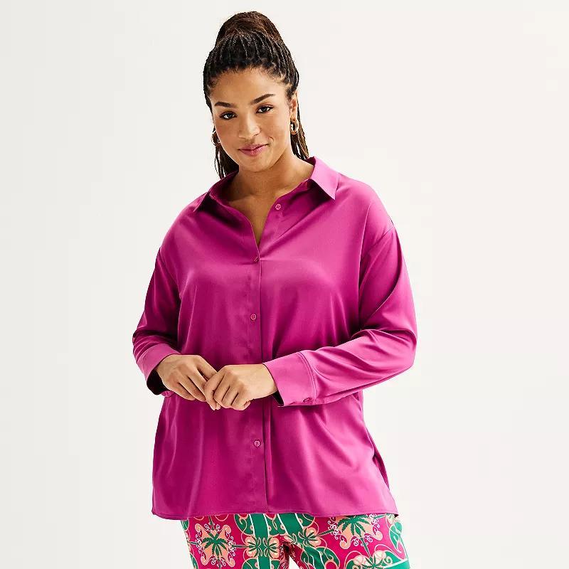 Plus Size INTEMPO Satin Button Down Shirt, Womens Product Image