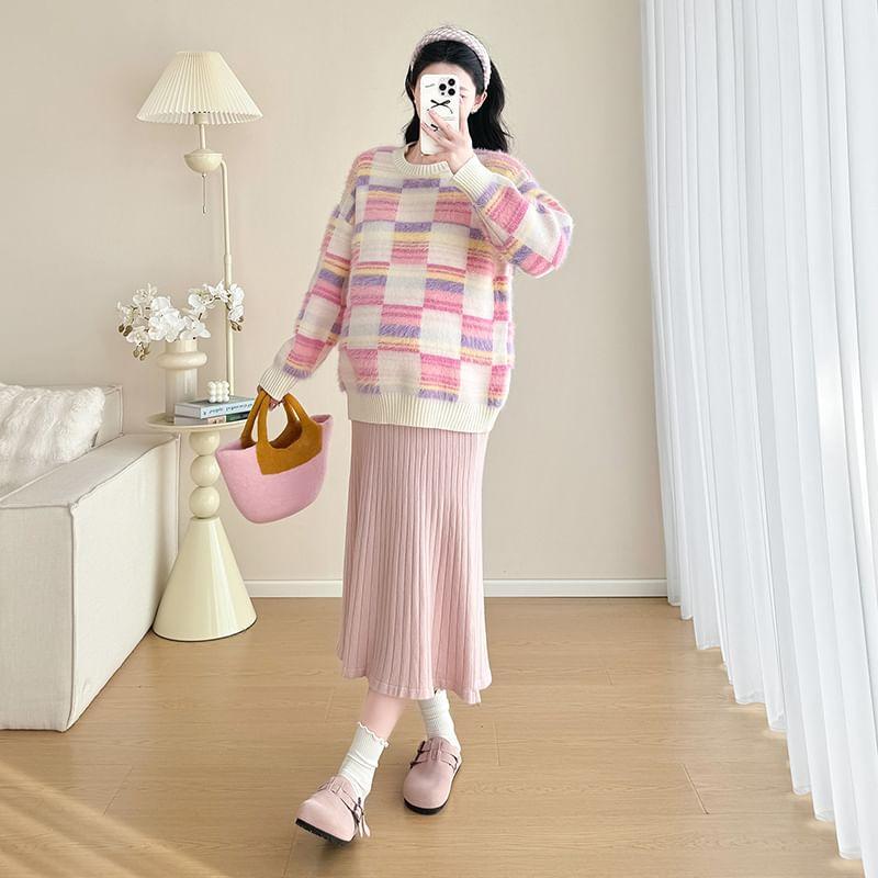 Maternity Round Neck Plain Sweater / High Rise Plain Ribbed Knit Midi Mermaid Skirt / Set Product Image