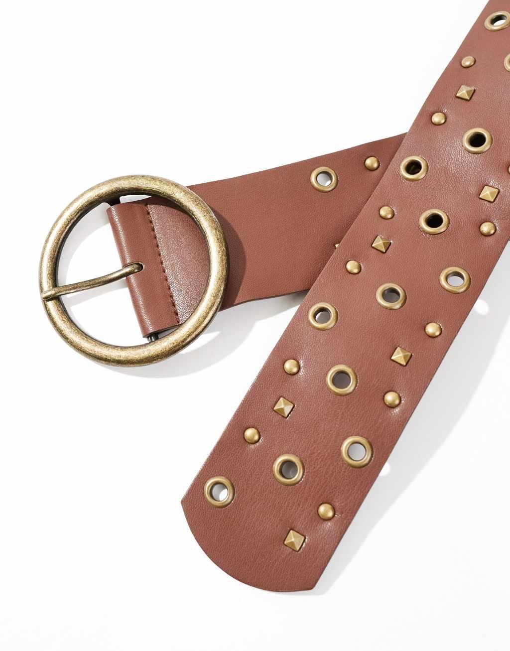 Glamorous eyelet chunky belt in brown Product Image