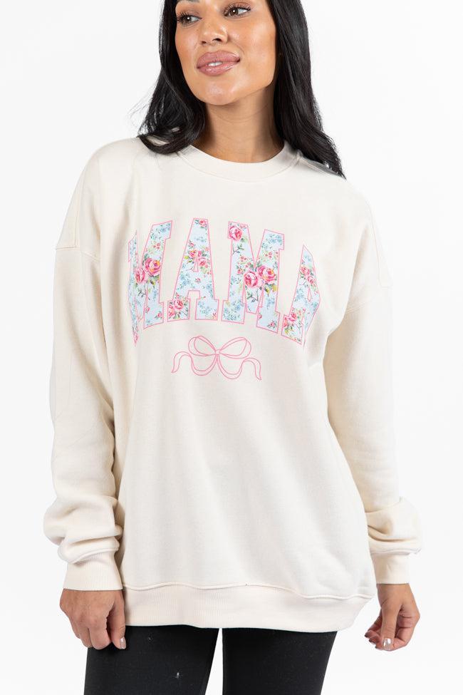 Mama Floral Bow Cream Oversized Graphic Sweatshirt Product Image