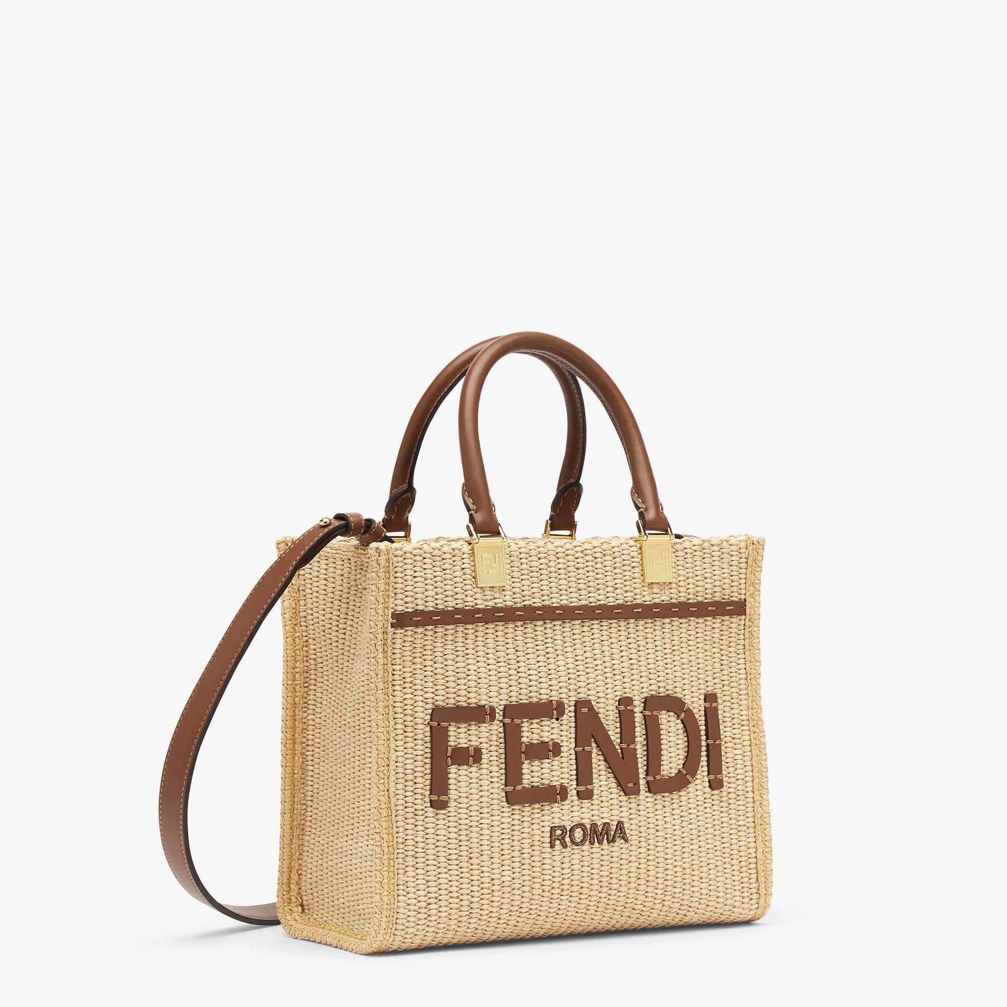 Fendi Sunshine SmallNatural raffia and brown leather shopper Product Image