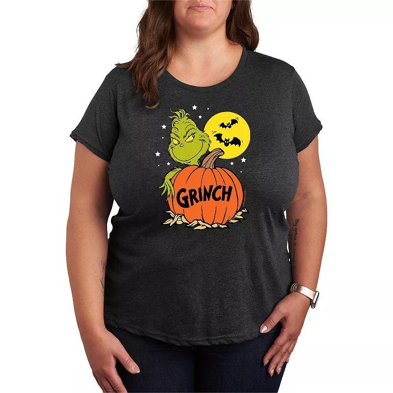 Plus Size Dr. Seuss Grinch Halloween Pumpkin Graphic Tee, Womens Heather Grey Product Image