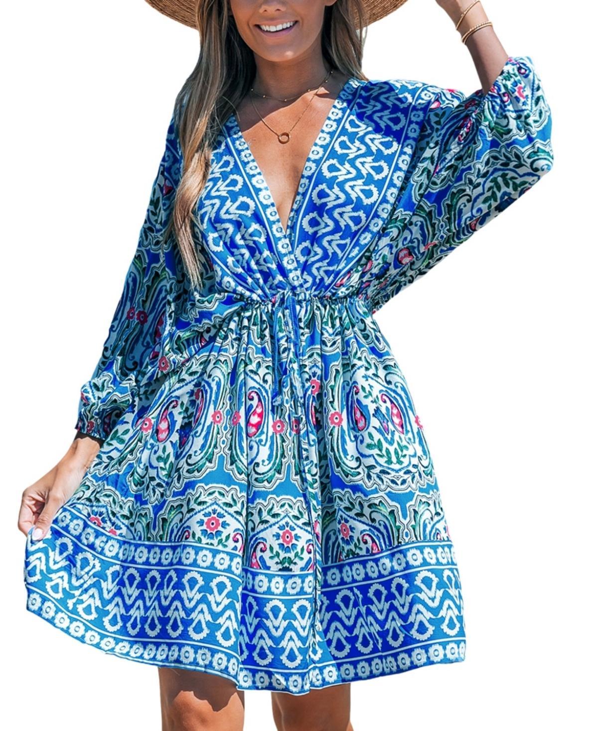 Cupshe Womens Boho V-Neck Puff Sleeve Mini Beach Dress blue Product Image