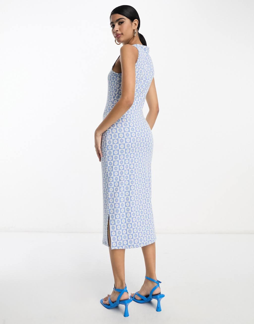 Vila sleeveless midi dress in blue checkerboard floral Product Image