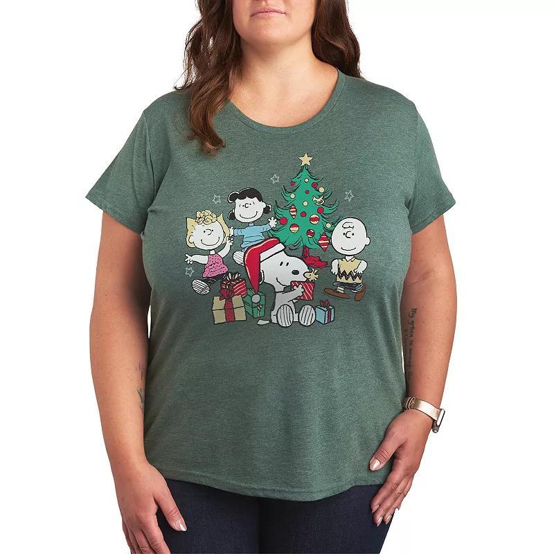 Plus Size Peanuts Group Christmas Tree Graphic Tee, Womens Grey Green Product Image