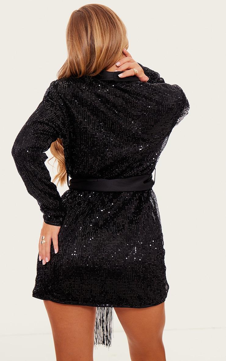 Black Sequin Tassel Tie Detail Blazer Dress Product Image