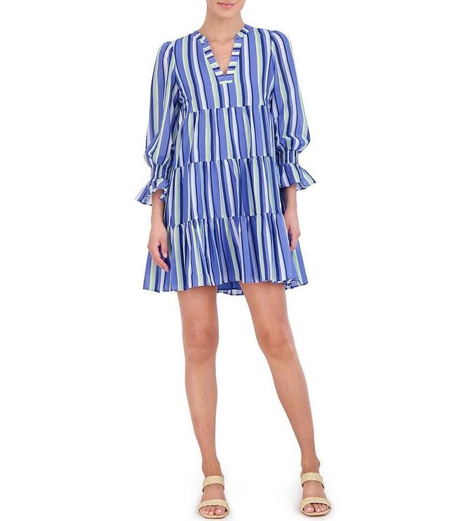 Eliza J Stripe Print V-Neck Long Sleeve Tiered Skirt Ruffle Trim Mini Dress Product Image