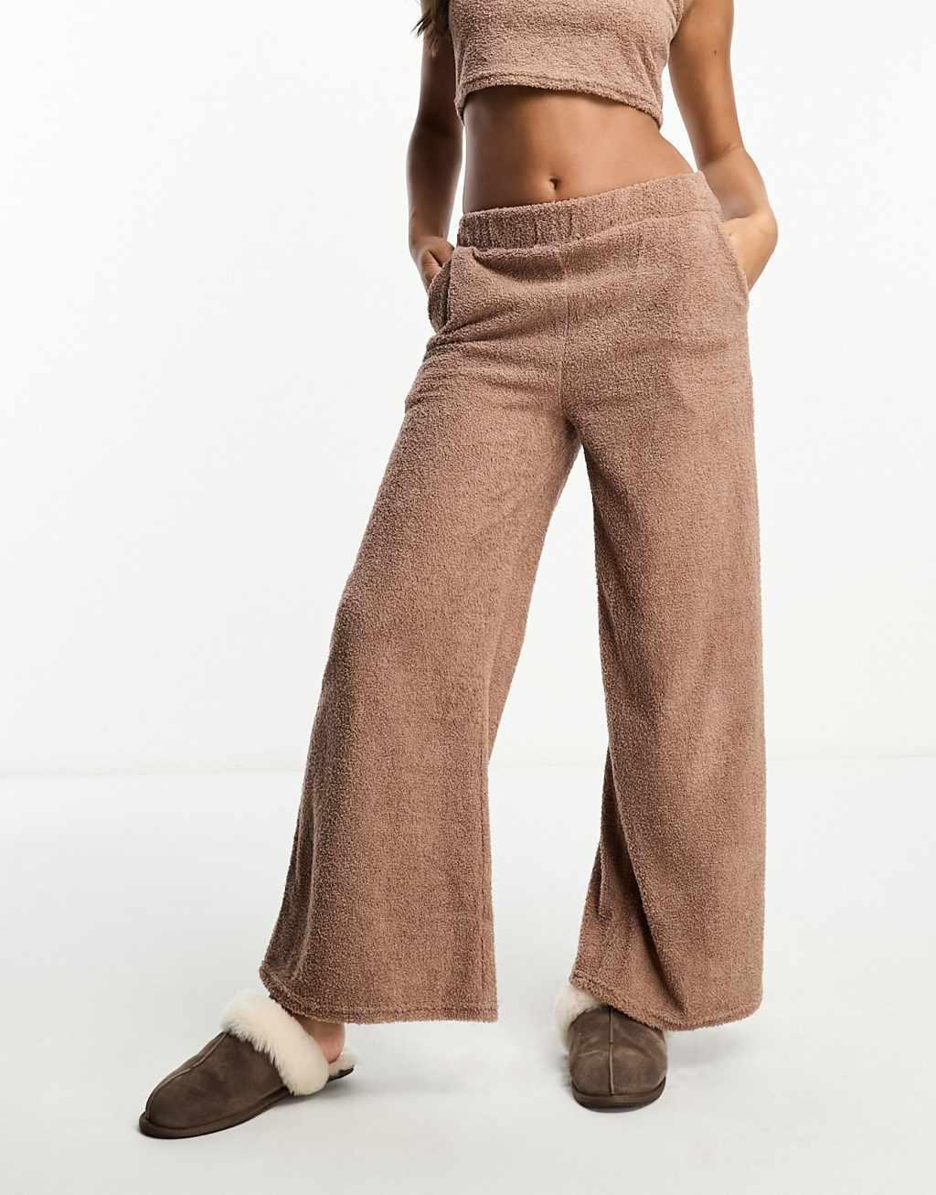 Loungeable soft fuzzy wide leg pants in chocolate brown Product Image