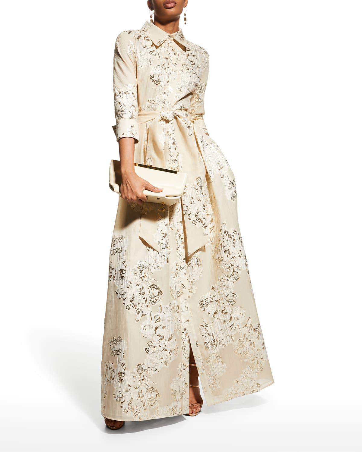 Womens Three-Quarter Sleeve Metallic Jacquard Shirt Waist Gown Product Image