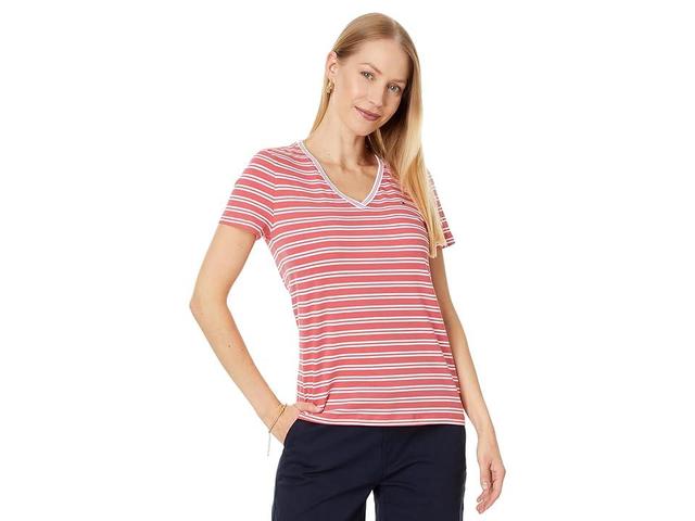 Tommy Hilfiger Double Stripe Vneck Tee (Sherbet Combo) Women's Clothing Product Image