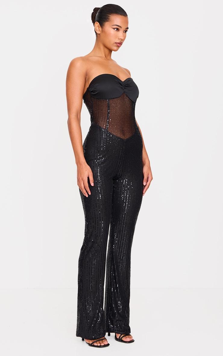 Black Sequin Bandeau Sheer Panel Jumpsuit Product Image