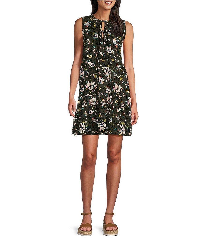 Westbound Olive Floral Double Tassel Tie Front V-Neck Tiered Sleeveless A-Line Dress Product Image