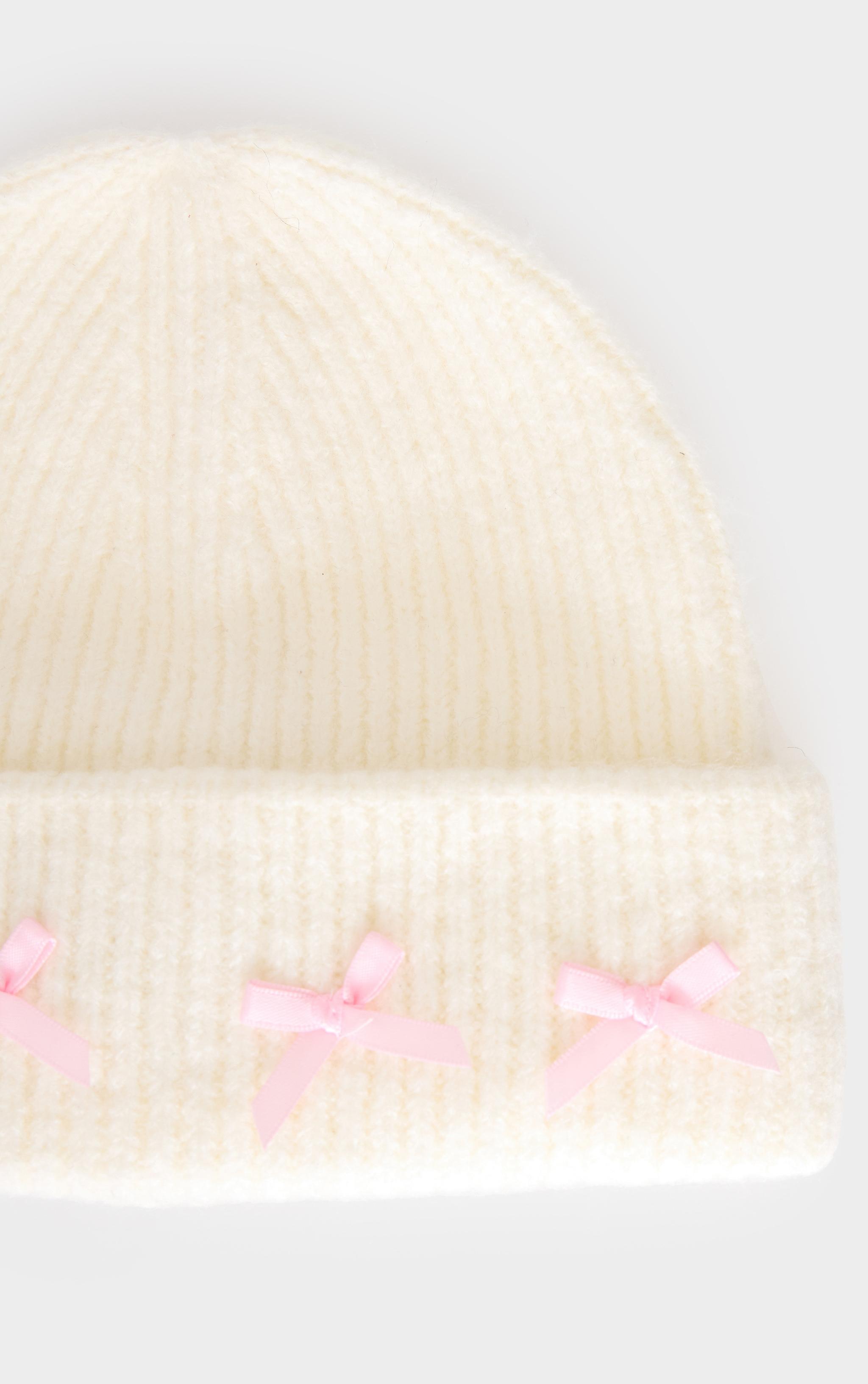 Cream Bow Detail Ribbed Beanie Product Image