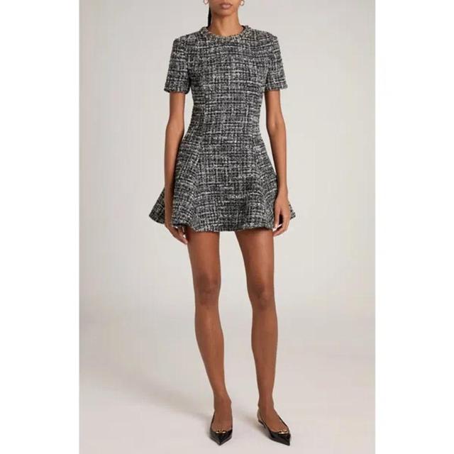 Tweed Crystal Collar Fit-flare Wool Mini Dress In Nero/grigio/argento Product Image