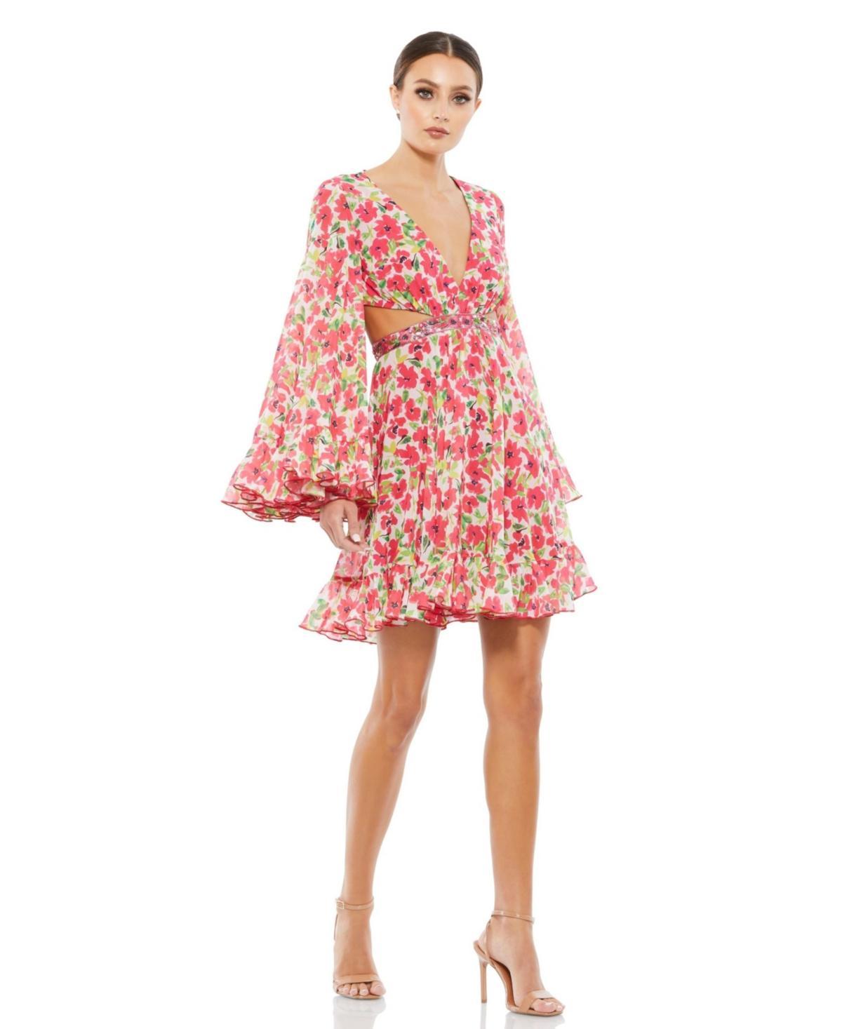 Mac Duggal Womens Ieena Floral Cut Out V Neck Bell Sleeve Mini Dress Product Image