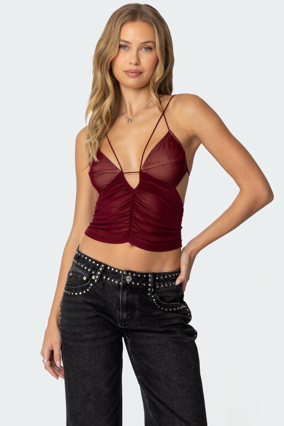 Strappy Ruched Mesh Top Product Image