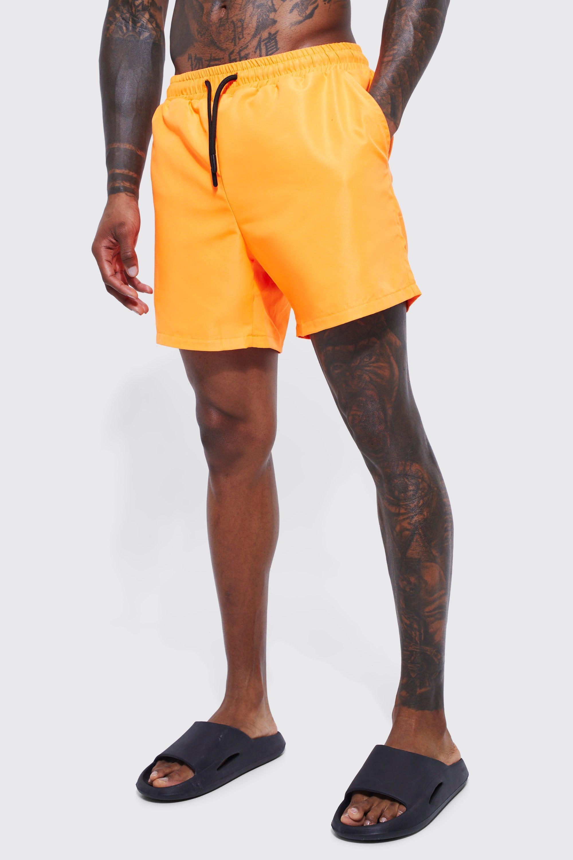 Mens Orange Mid Length Plain Swim Shorts, Orange Product Image