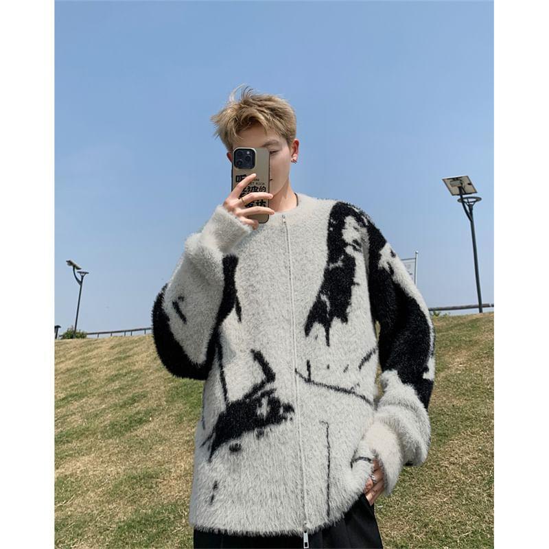 Crew Neck Graphic Print Oversized Zip Cardigan Product Image