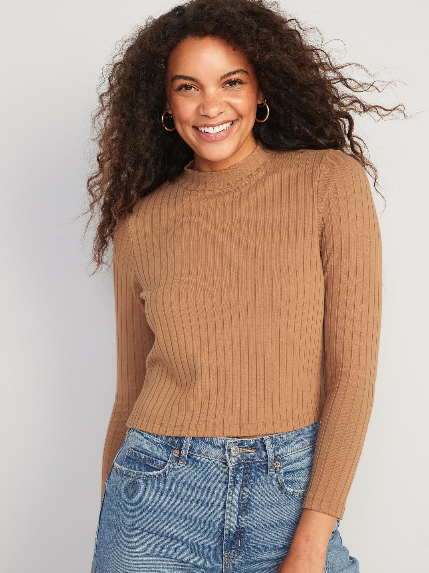 Old Navy Cropped Rib-Knit Mock-Neck Sweater for Women - Acacia - female - Size: 3X Product Image