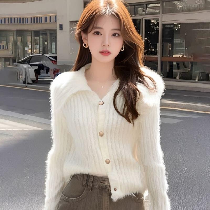 Collar Plain Ribbed Cardigan Product Image