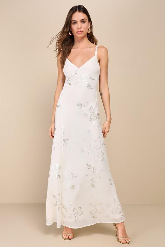 Blissfully Graceful Ivory Floral Metallic Backless Maxi Dress Product Image