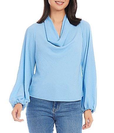 Karen Kane Solid Heavy Moss Cowl Neck Pleated Back Blouson Sleeve Blouse Product Image