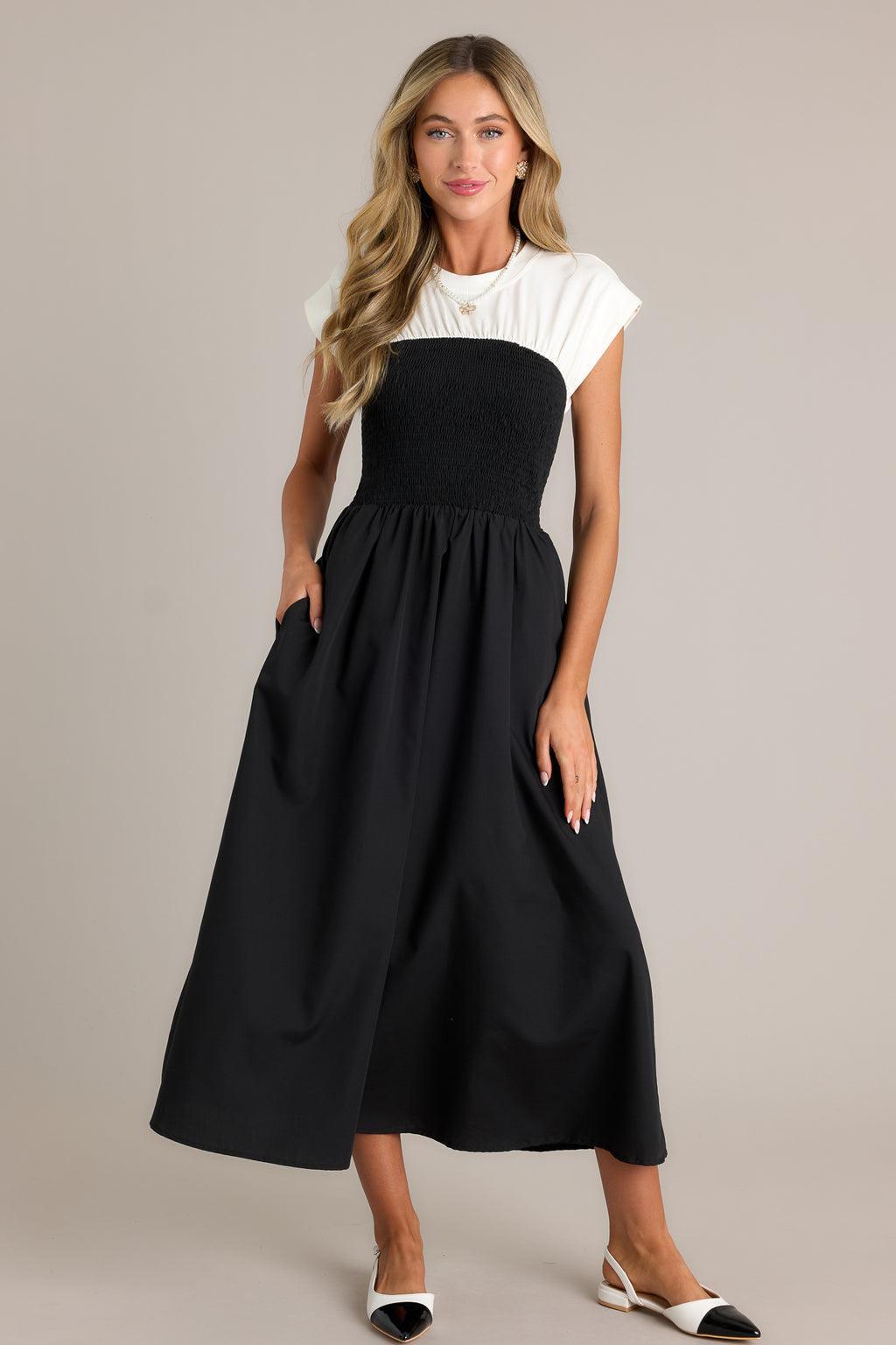 Never Disappear Black & White Smocked Midi Dress Product Image