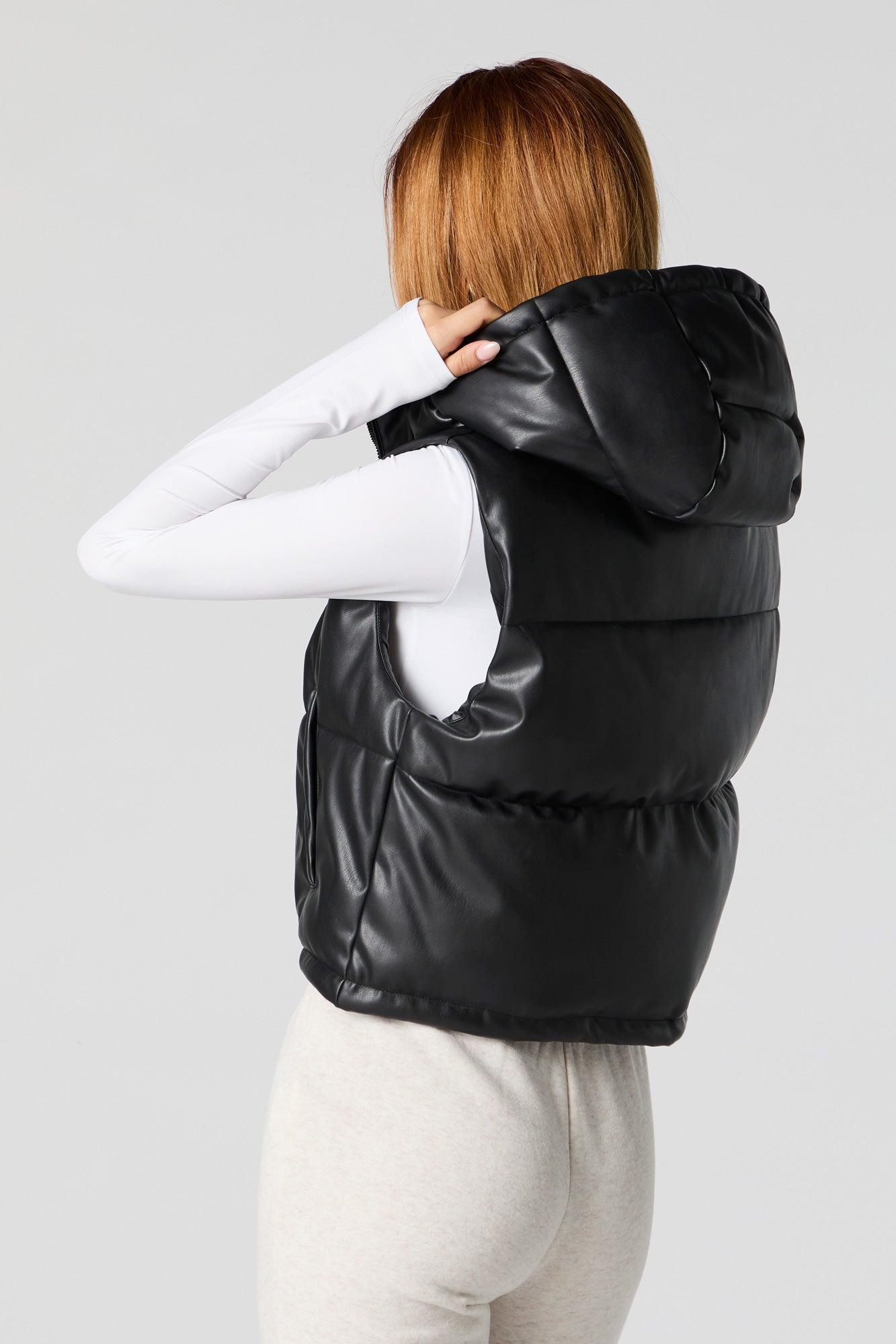 Faux Leather Hooded Puffer Vest Female Product Image