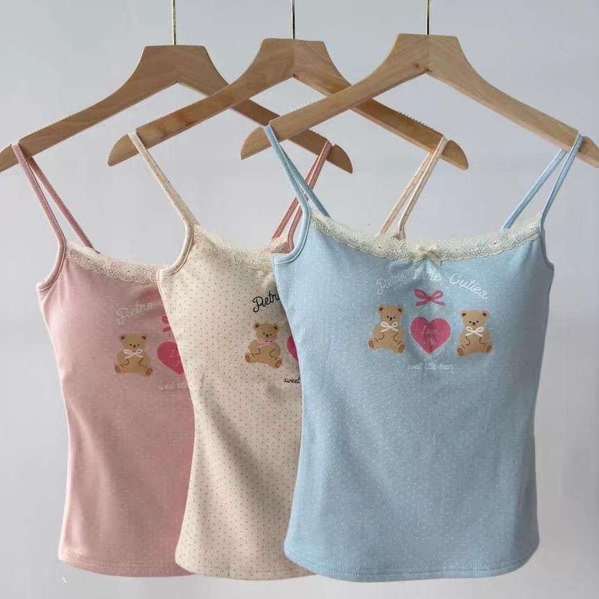 Bear Print Bow Lace Trim Padded Cami Top Product Image