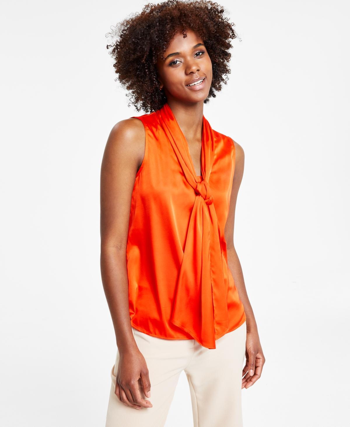 Bar Iii Womens Tie-Neck Sleeveless Satin Blouse, Created for Macys Product Image