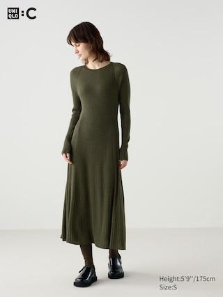 Womens Merino Blend Ribbed Dress Olive Medium UNIQLO US Product Image