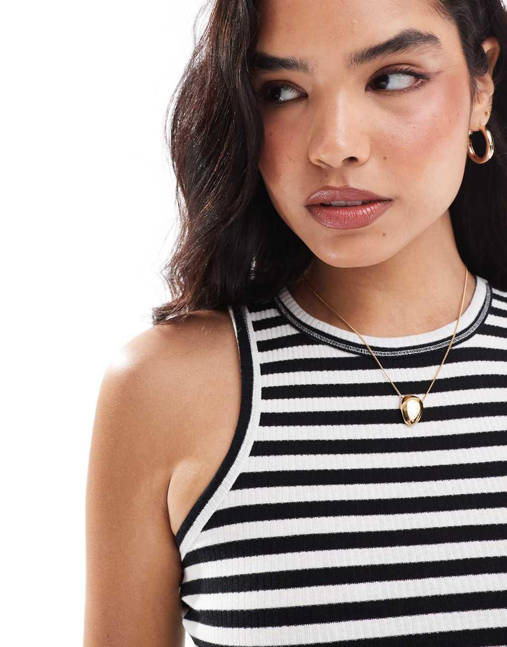 Pieces ribbed racer neck top in black and white stripe Product Image