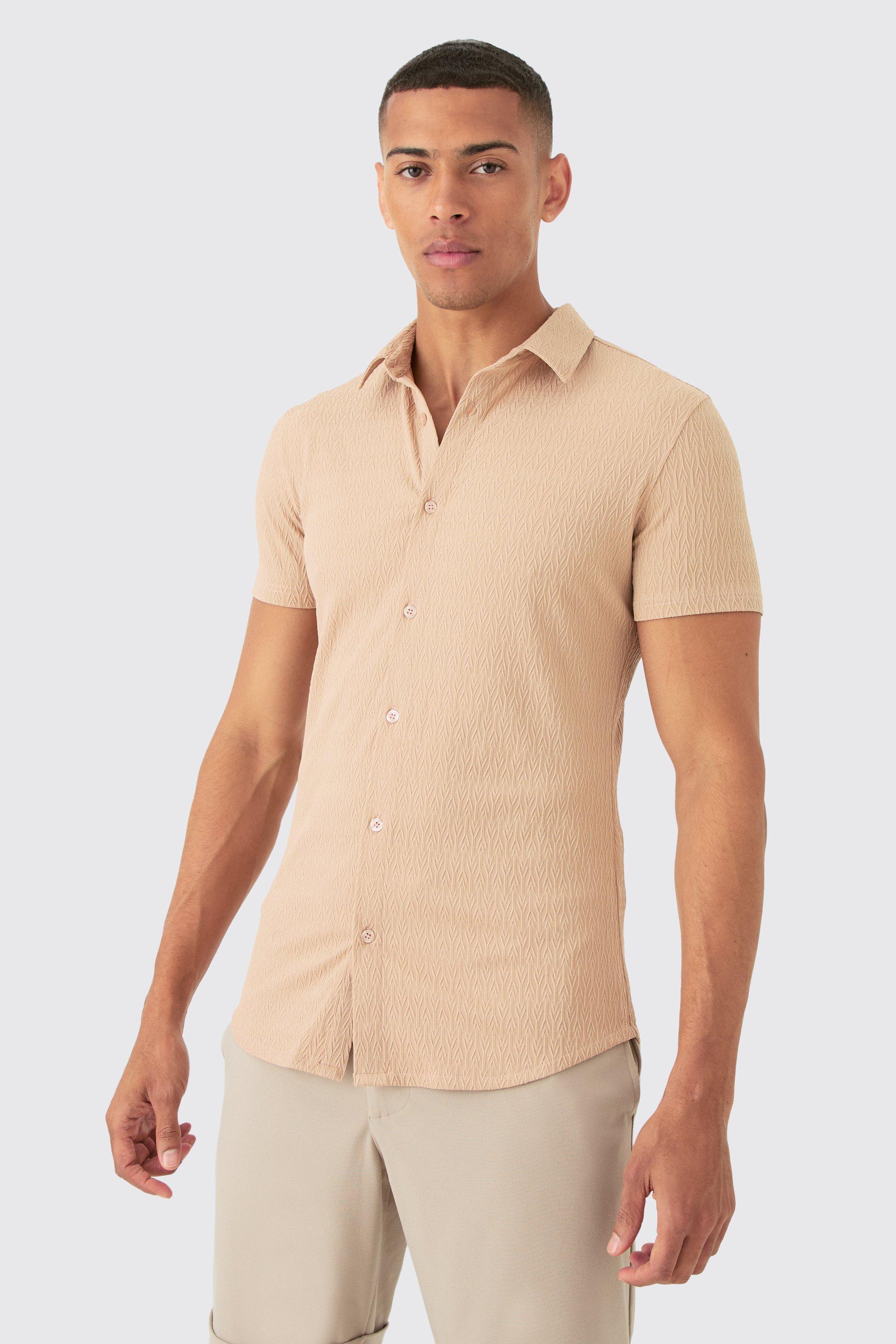 Mens Beige Short Sleeve Textured Detail Muscle Fit Shirt, Beige Product Image